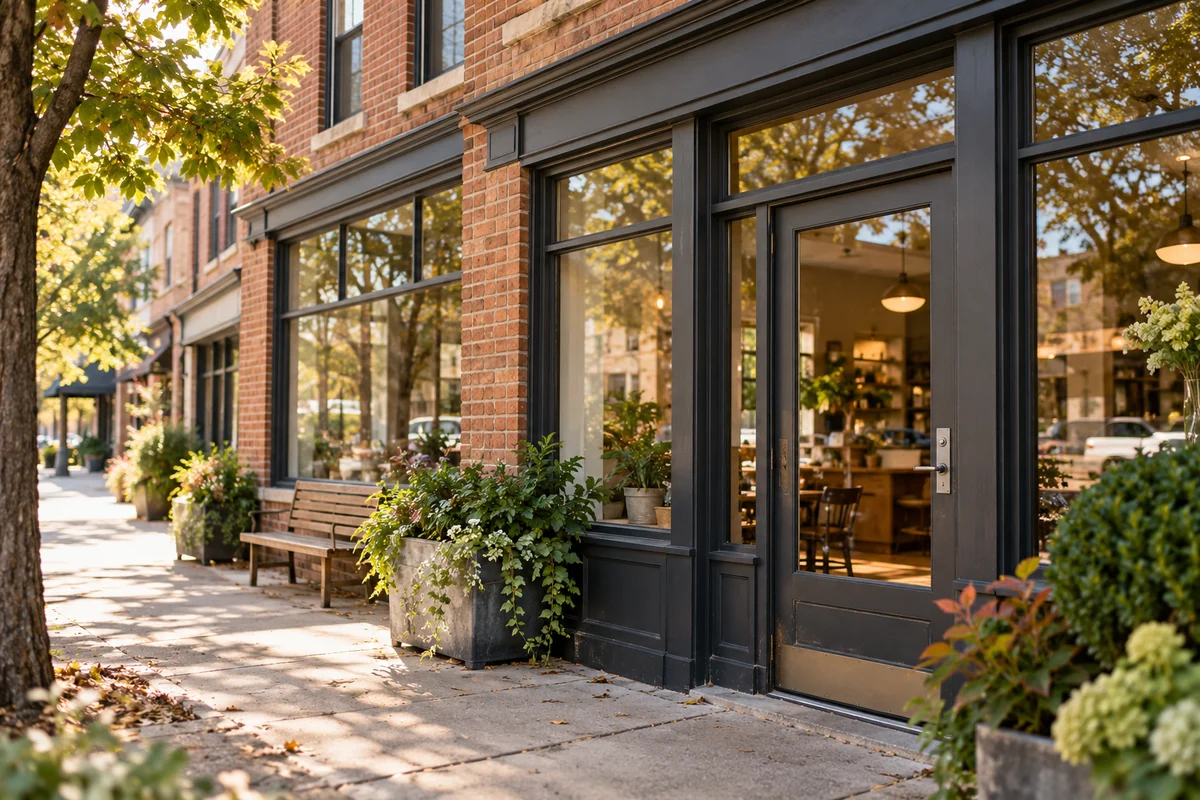 Representative small-business doorway with a glass panel and keyed entrance hardware
